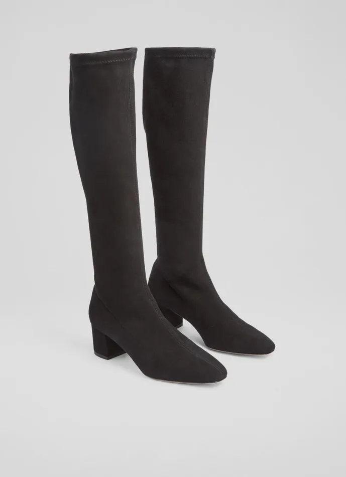 LKBennett Boots Women Eldon Black Block Heel Stretch Knee Boot LKBennett Boots Women Eldon Black Block Heel Stretch Knee Boot