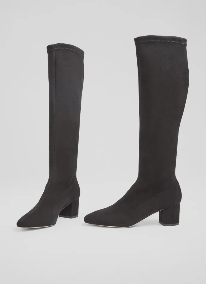 LKBennett Boots Women Eldon Black Block Heel Stretch Knee Boot LKBennett Boots Women Eldon Black Block Heel Stretch Knee Boot