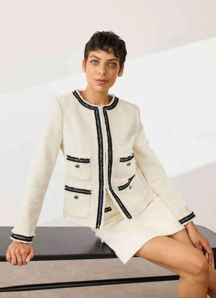 LKBennett Coats and Jackets Women Charlie Cream Recycled Cotton Tweed Trim Jacket LKBennett Coats and Jackets Women Charlie Cream Recycled Cotton Tweed Trim Jacket
