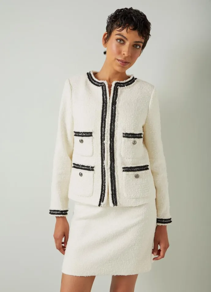 LKBennett Coats and Jackets Women Charlie Cream Recycled Cotton Tweed Trim Jacket LKBennett Coats and Jackets Women Charlie Cream Recycled Cotton Tweed Trim Jacket