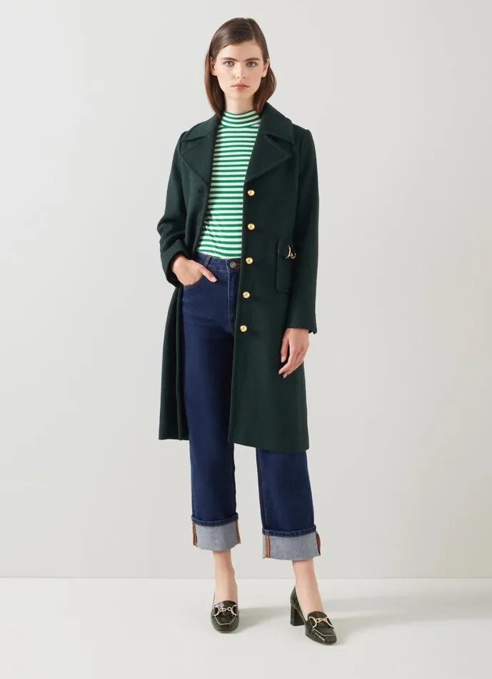 LKBennett Coats and Jackets Women Spencer Green Recycled WoolBlend Snaffle Detail Coat LKBennett Coats and Jackets Women Spencer Green Recycled WoolBlend Snaffle Detail Coat