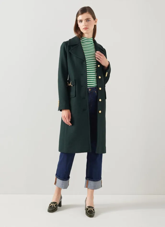 LKBennett Coats and Jackets Women Spencer Green Recycled WoolBlend Snaffle Detail Coat LKBennett Coats and Jackets Women Spencer Green Recycled WoolBlend Snaffle Detail Coat