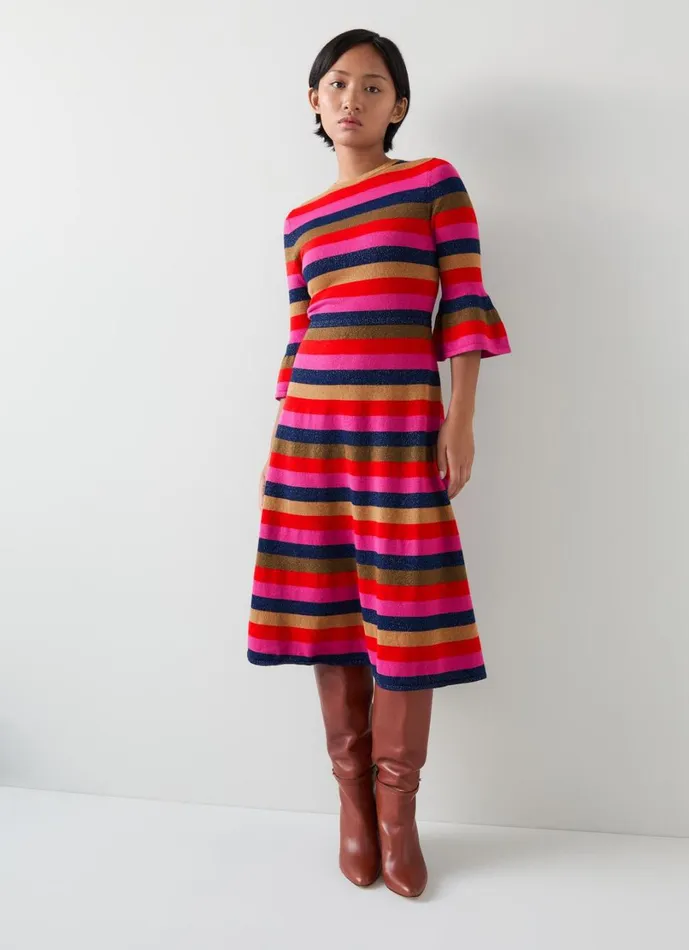LKBennett Dresses Women Alice Petite Pink Multi Stripe Metallic Knit Frill Dress