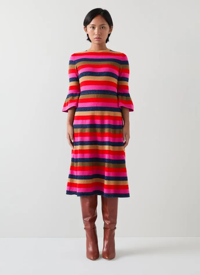 LKBennett Dresses Women Alice Petite Pink Multi Stripe Metallic Knit Frill Dress