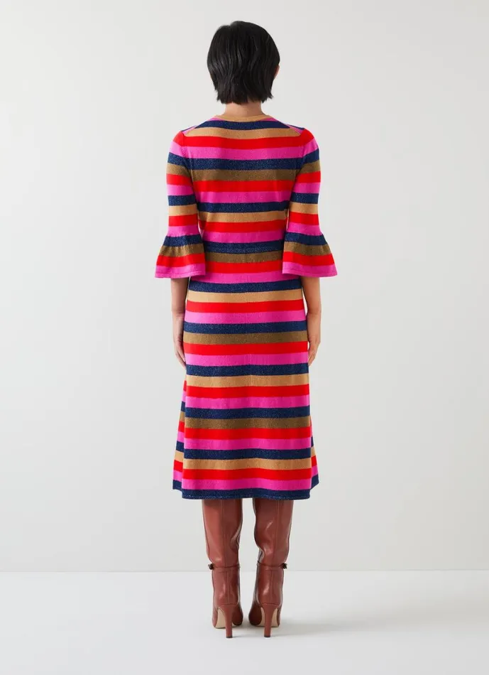 LKBennett Dresses Women Alice Petite Pink Multi Stripe Metallic Knit Frill Dress