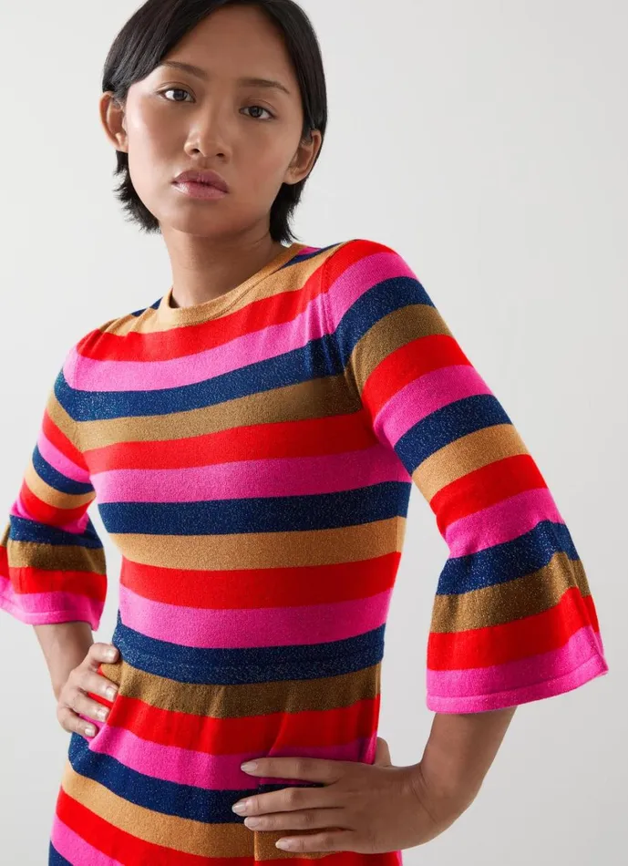 LKBennett Dresses Women Alice Petite Pink Multi Stripe Metallic Knit Frill Dress