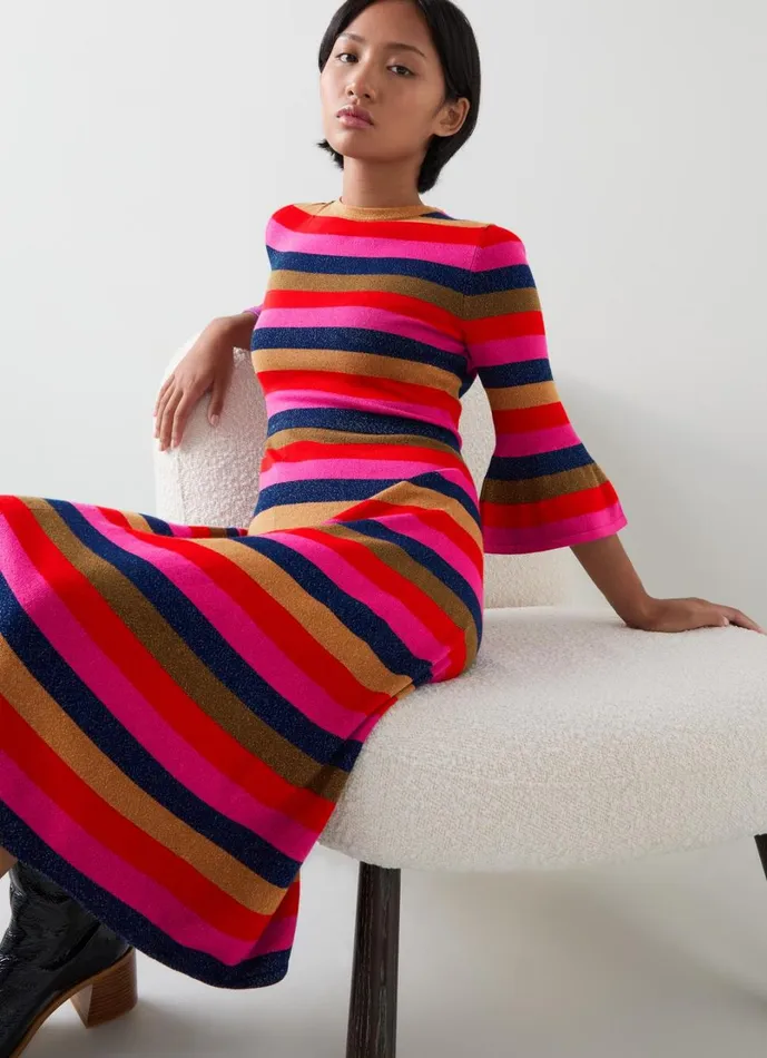 LKBennett Dresses Women Alice Petite Pink Multi Stripe Metallic Knit Frill Dress