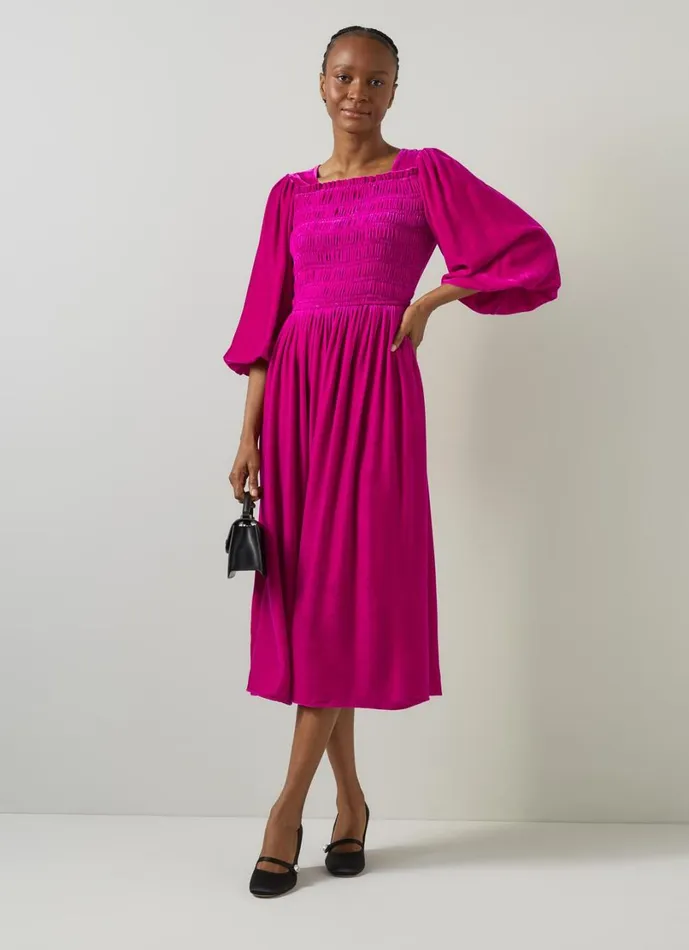 LKBennett Dresses Women Callista Magenta Smocked Fluid Velvet Dress