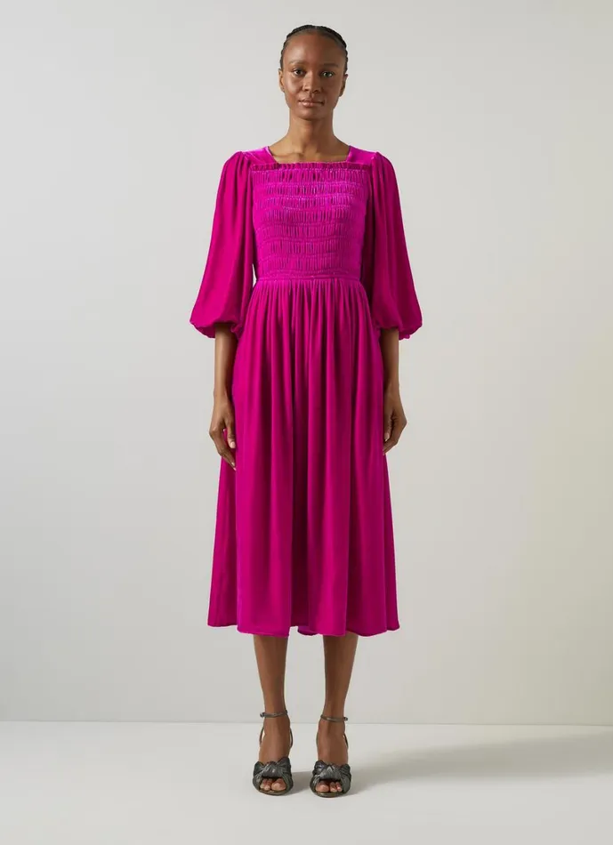 LKBennett Dresses Women Callista Magenta Smocked Fluid Velvet Dress LKBennett Dresses Women Callista Magenta Smocked Fluid Velvet Dress