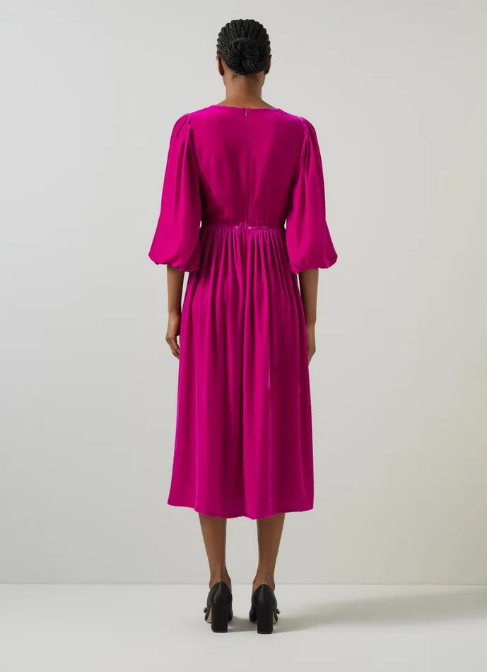 LKBennett Dresses Women Callista Magenta Smocked Fluid Velvet Dress LKBennett Dresses Women Callista Magenta Smocked Fluid Velvet Dress