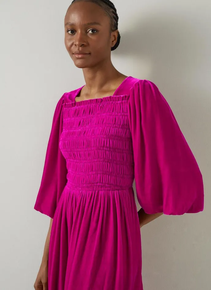 LKBennett Dresses Women Callista Magenta Smocked Fluid Velvet Dress LKBennett Dresses Women Callista Magenta Smocked Fluid Velvet Dress
