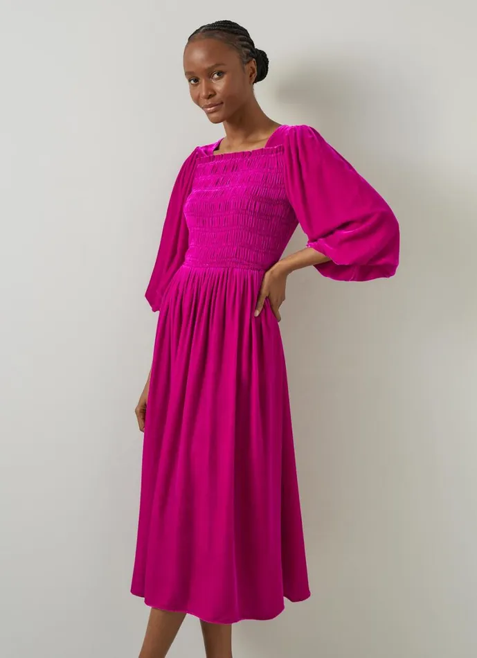 LKBennett Dresses Women Callista Magenta Smocked Fluid Velvet Dress LKBennett Dresses Women Callista Magenta Smocked Fluid Velvet Dress