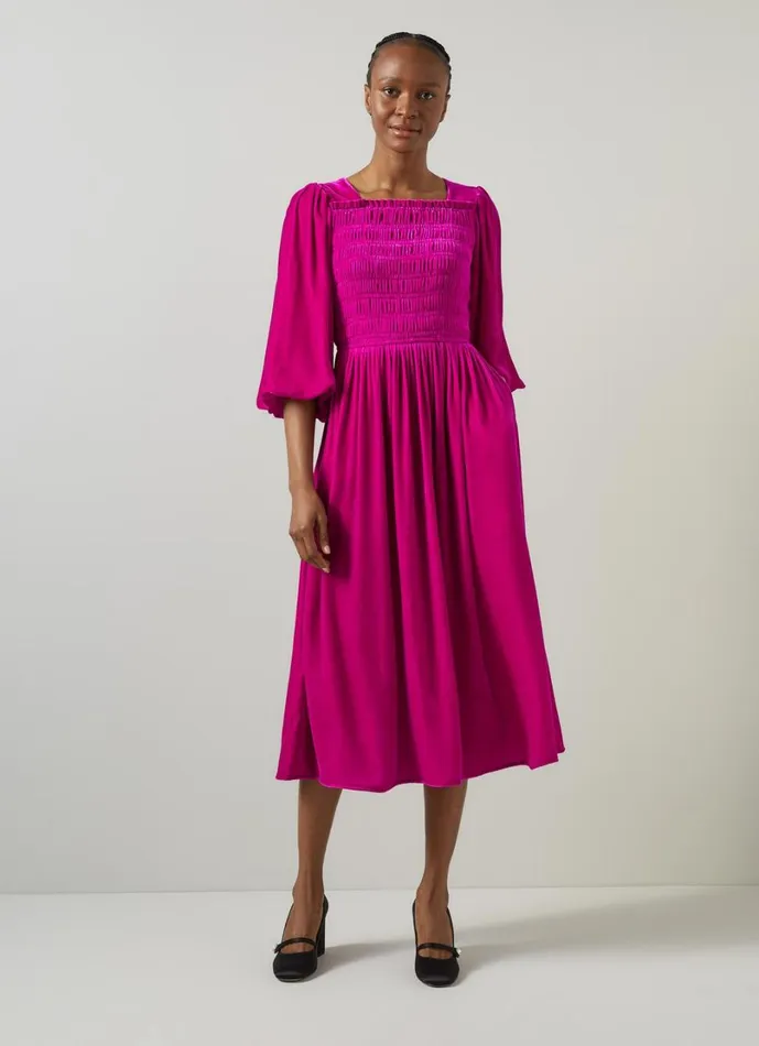LKBennett Dresses Women Callista Magenta Smocked Fluid Velvet Dress LKBennett Dresses Women Callista Magenta Smocked Fluid Velvet Dress