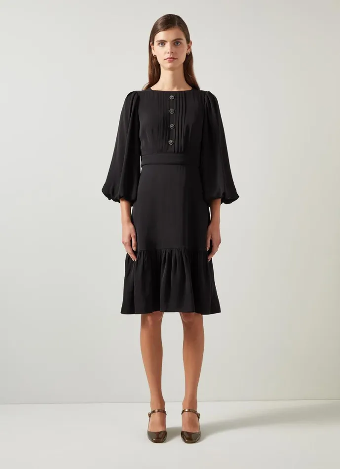 LKBennett Dresses Women Jade Black Satin Crepe Full Sleeve Short Dress LKBennett Dresses Women Jade Black Satin Crepe Full Sleeve Short Dress
