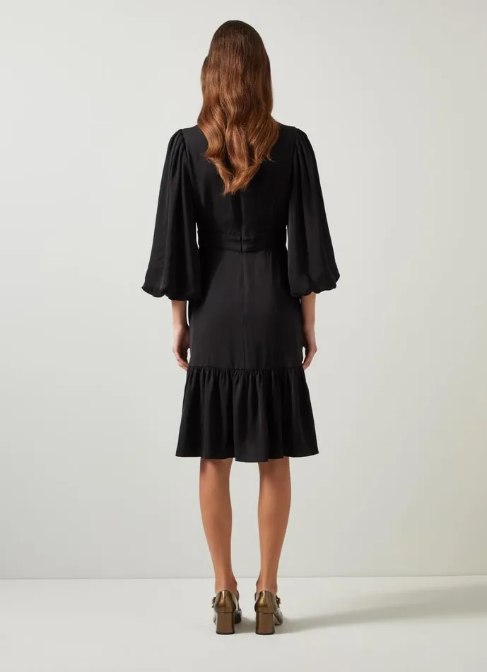 LKBennett Dresses Women Jade Black Satin Crepe Full Sleeve Short Dress LKBennett Dresses Women Jade Black Satin Crepe Full Sleeve Short Dress