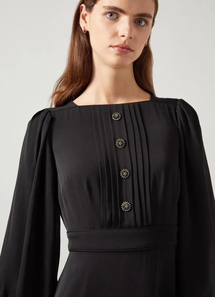 LKBennett Dresses Women Jade Black Satin Crepe Full Sleeve Short Dress LKBennett Dresses Women Jade Black Satin Crepe Full Sleeve Short Dress