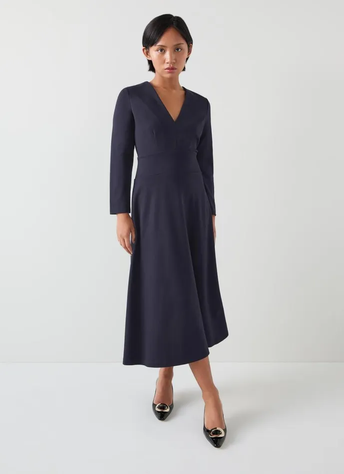 LKBennett Dresses Women Lauren Petite Navy VNeck LENZING ECOVERO Viscose Ponte Midi Dress