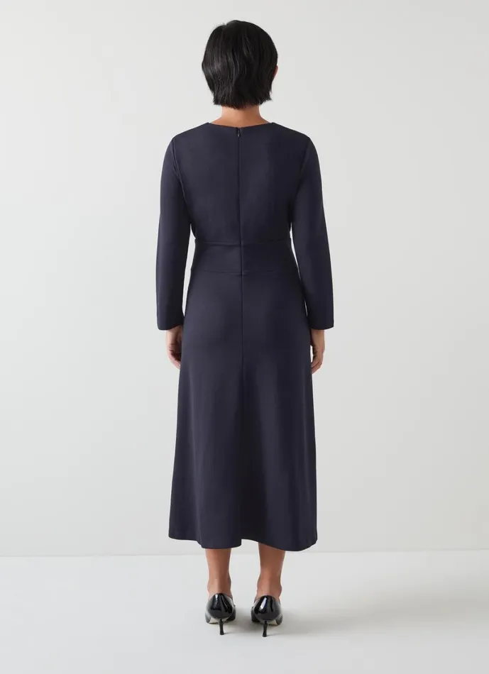LKBennett Dresses Women Lauren Petite Navy VNeck LENZING ECOVERO Viscose Ponte Midi Dress