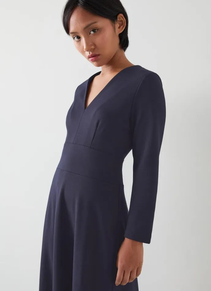 LKBennett Dresses Women Lauren Petite Navy VNeck LENZING ECOVERO Viscose Ponte Midi Dress