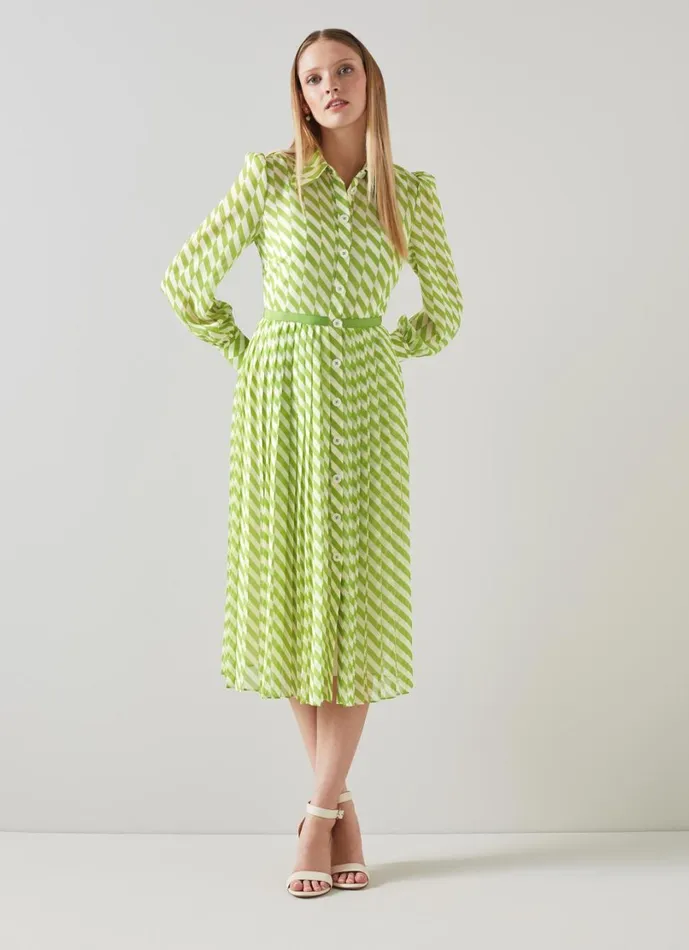 LKBennett Dresses Women Tallis Green And Cream Graphic Stripe Shirt Dress