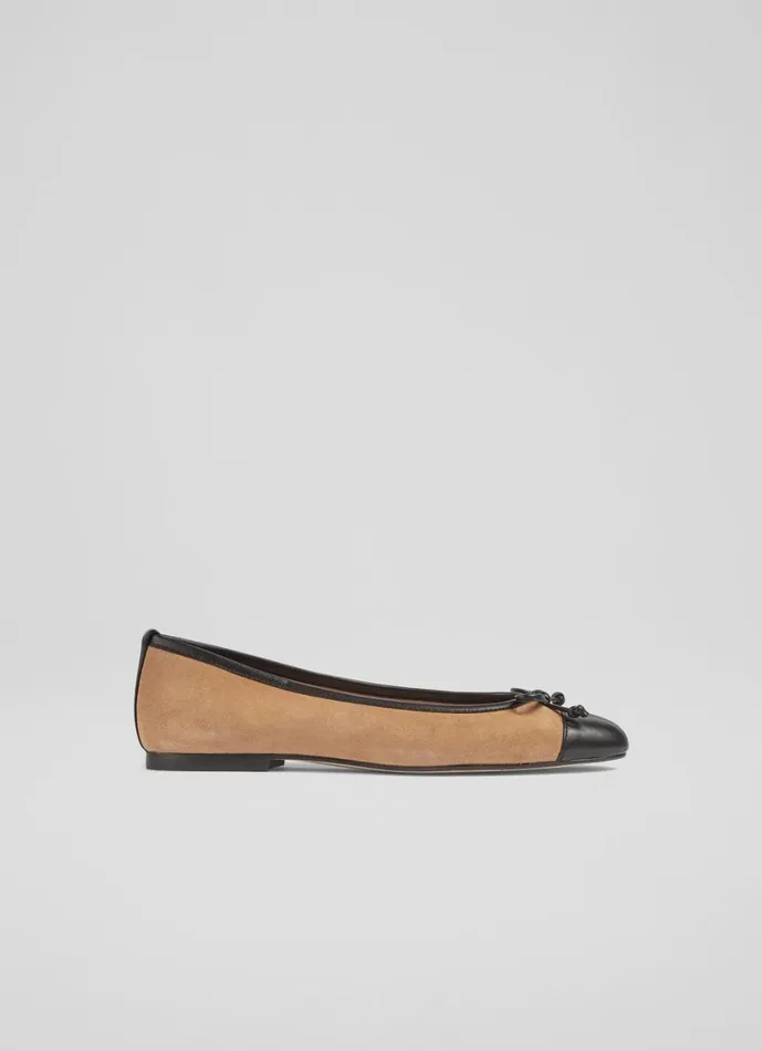 LKBennett Flats Women Kara Sand Suede And Black Leather Toe Cap Ballerina Pumps