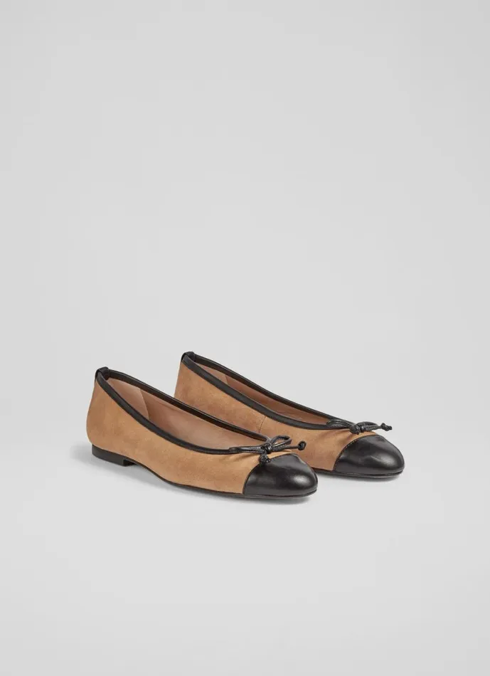 LKBennett Flats Women Kara Sand Suede And Black Leather Toe Cap Ballerina Pumps