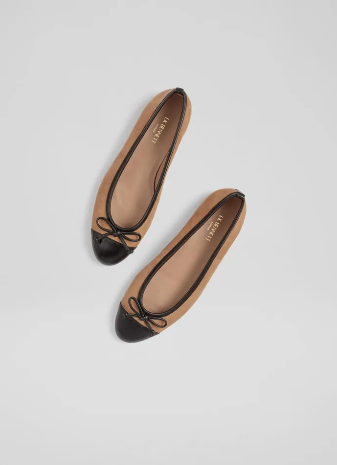 LKBennett Flats Women Kara Sand Suede And Black Leather Toe Cap Ballerina Pumps