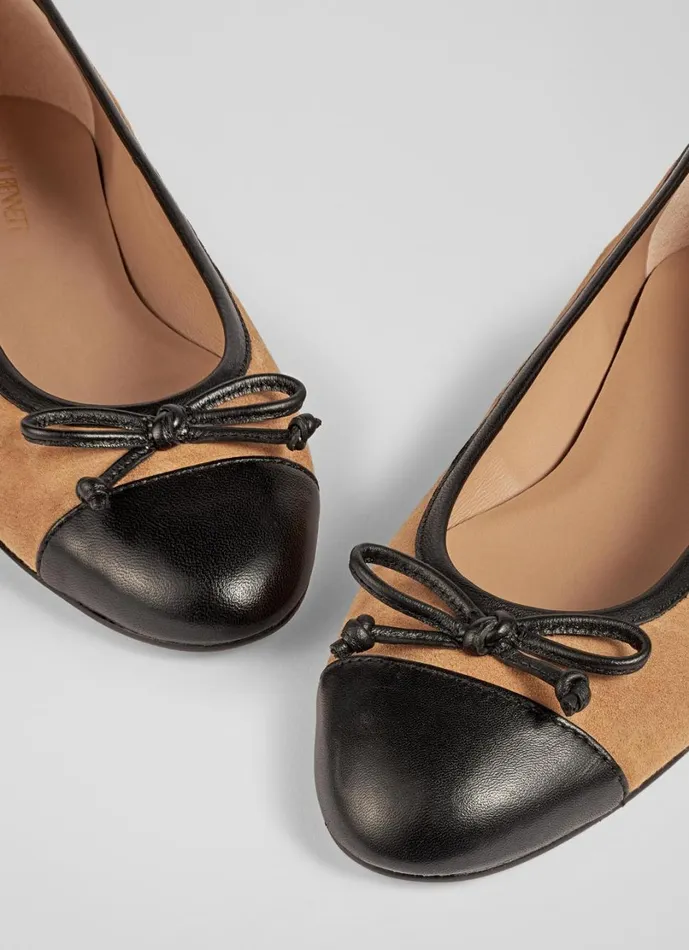 LKBennett Flats Women Kara Sand Suede And Black Leather Toe Cap Ballerina Pumps