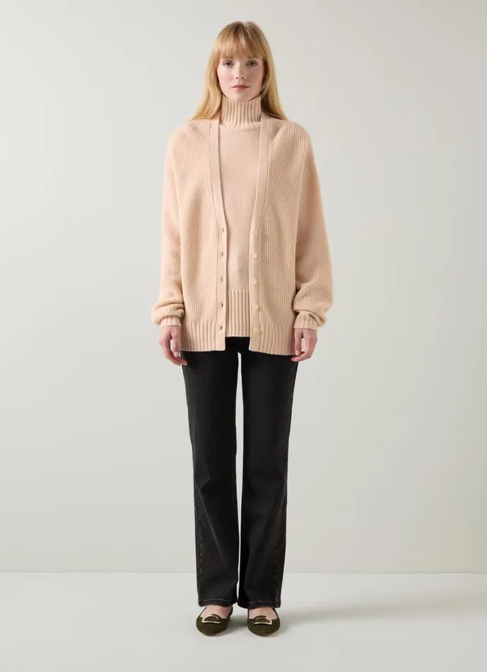 LKBennett Knitwear Women Frances Camel Longline Recycled Nylon Fisherman Rib Cardigan