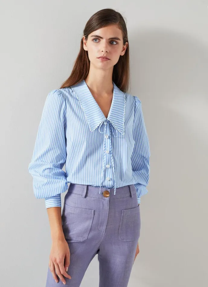 LKBennett Tops Women Beecham Blue And White Stripe CottonRich Blouse