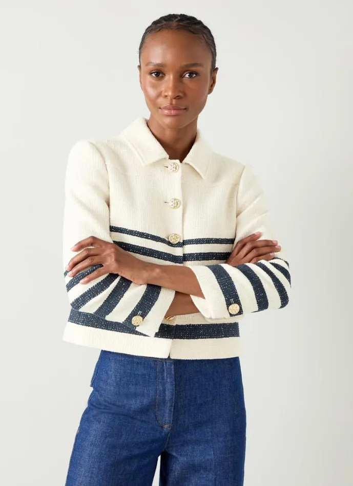 LKBennett Tops Women Bellmer Cream and Spring Navy Placement Stripe Tweed Jacket