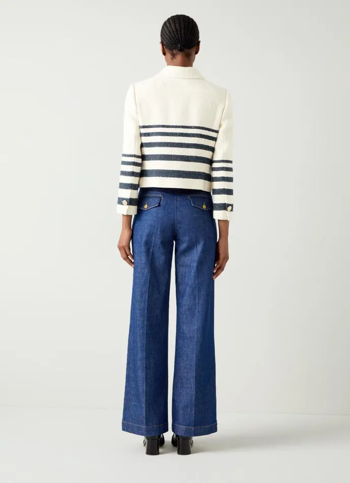 LKBennett Tops Women Bellmer Cream and Spring Navy Placement Stripe Tweed Jacket