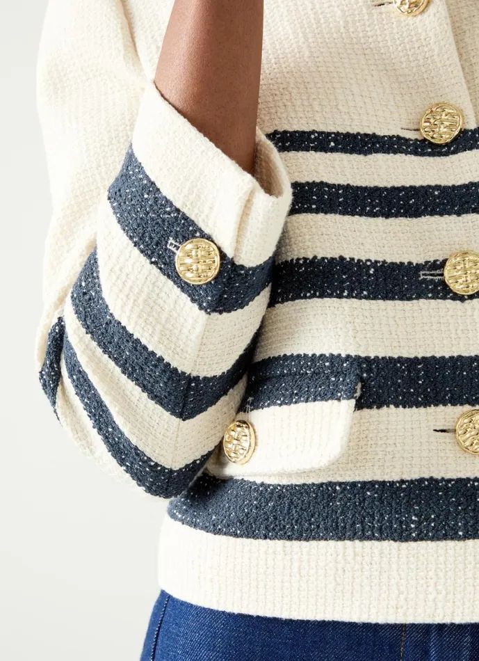 LKBennett Tops Women Bellmer Cream and Spring Navy Placement Stripe Tweed Jacket