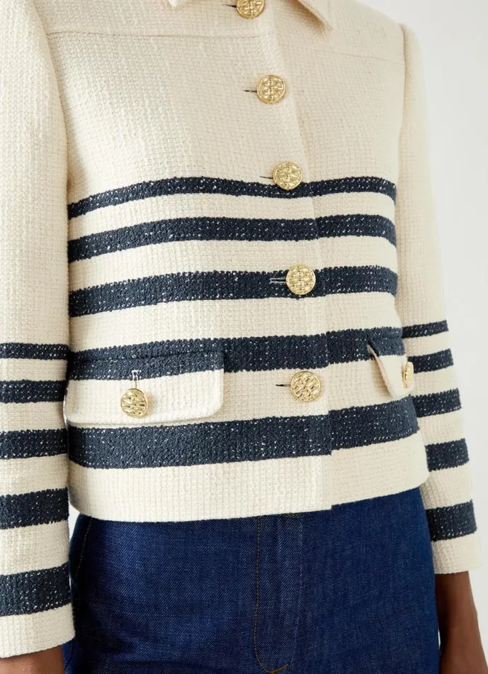 LKBennett Tops Women Bellmer Cream and Spring Navy Placement Stripe Tweed Jacket