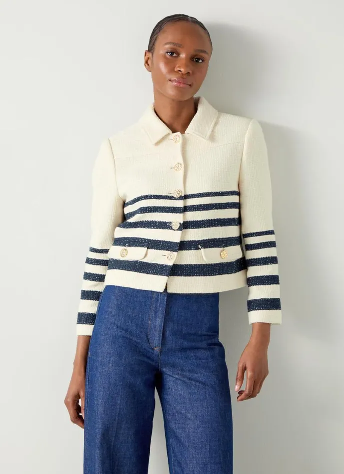 LKBennett Tops Women Bellmer Cream and Spring Navy Placement Stripe Tweed Jacket