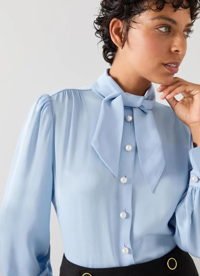 LKBennett Tops Women Hall Pale Blue TieNeck Blouse LKBennett Tops Women Hall Pale Blue TieNeck Blouse