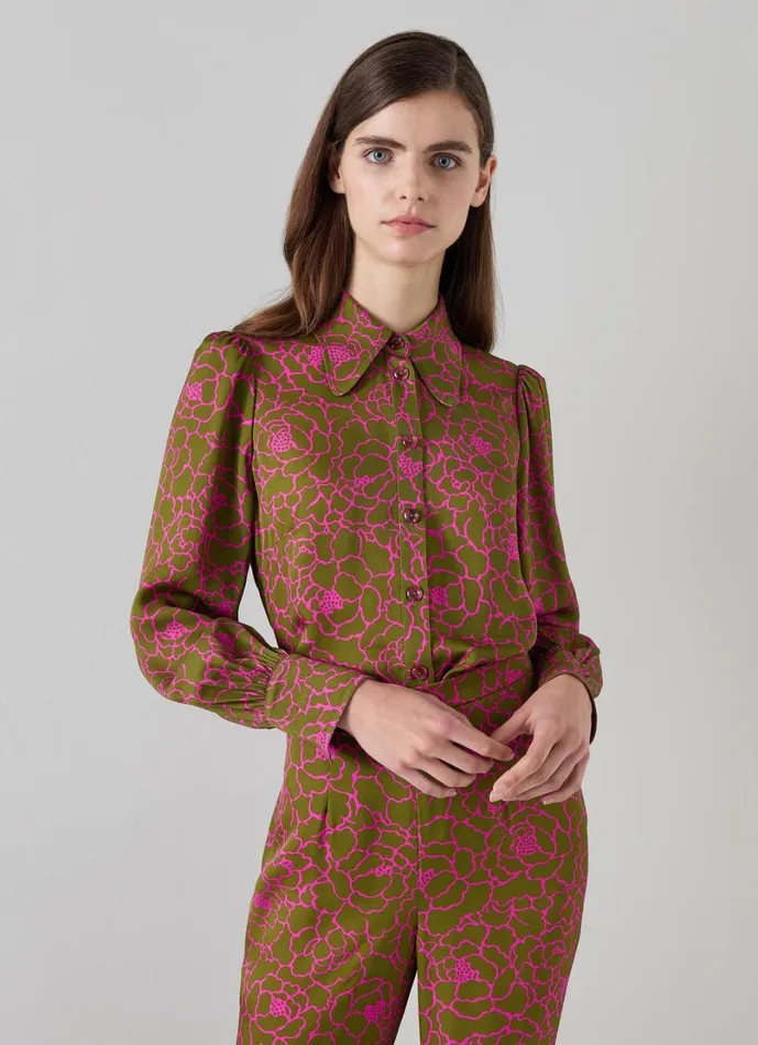 LKBennett Tops Women Sonya Olive and Magenta Peony Print Blouse
