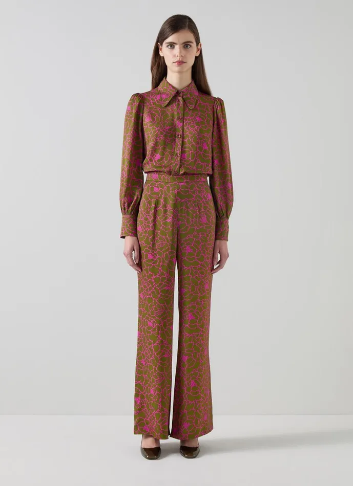 LKBennett Tops Women Sonya Olive and Magenta Peony Print Blouse LKBennett Tops Women Sonya Olive and Magenta Peony Print Blouse