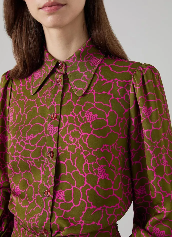 LKBennett Tops Women Sonya Olive and Magenta Peony Print Blouse LKBennett Tops Women Sonya Olive and Magenta Peony Print Blouse