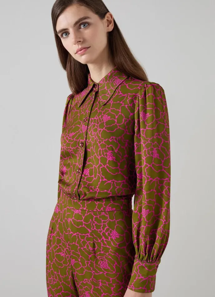 LKBennett Tops Women Sonya Olive and Magenta Peony Print Blouse LKBennett Tops Women Sonya Olive and Magenta Peony Print Blouse
