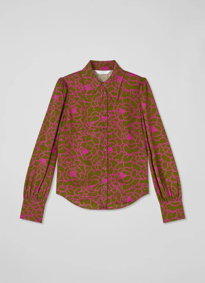 LKBennett Tops Women Sonya Olive and Magenta Peony Print Blouse LKBennett Tops Women Sonya Olive and Magenta Peony Print Blouse