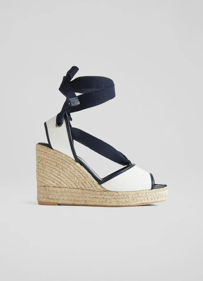 LKBennett Wedges Women Chiara Ecru And Navy Canvas Espadrille Wedges