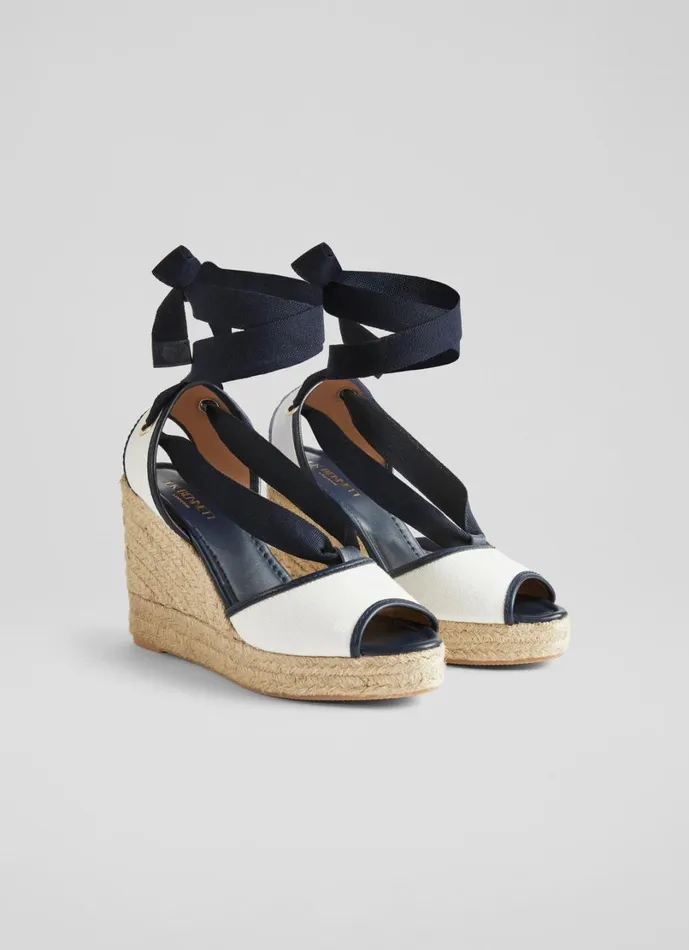 LKBennett Wedges Women Chiara Ecru And Navy Canvas Espadrille Wedges LKBennett Wedges Women Chiara Ecru And Navy Canvas Espadrille Wedges