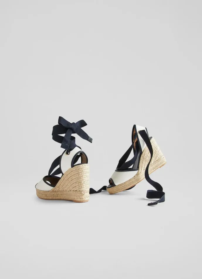 LKBennett Wedges Women Chiara Ecru And Navy Canvas Espadrille Wedges LKBennett Wedges Women Chiara Ecru And Navy Canvas Espadrille Wedges