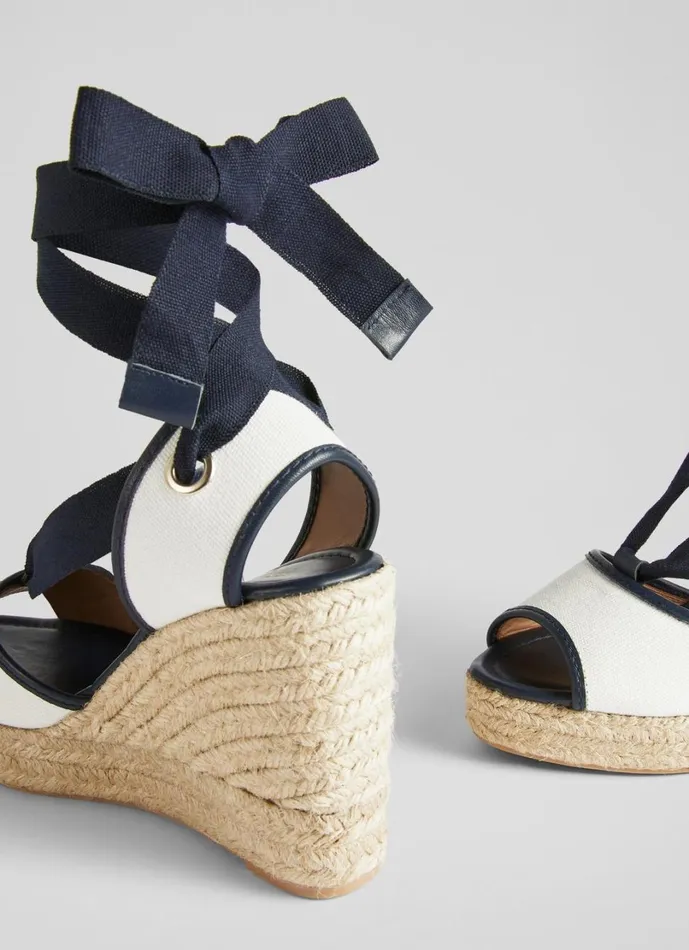 LKBennett Wedges Women Chiara Ecru And Navy Canvas Espadrille Wedges LKBennett Wedges Women Chiara Ecru And Navy Canvas Espadrille Wedges