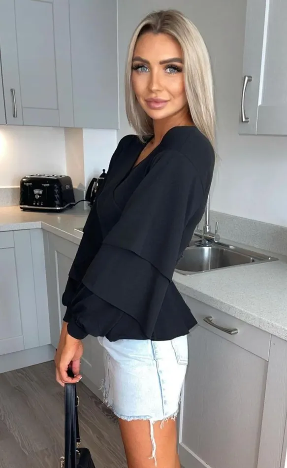 Lia Black Ruffle Sleeve Peplum Top Women Missfiga Tops