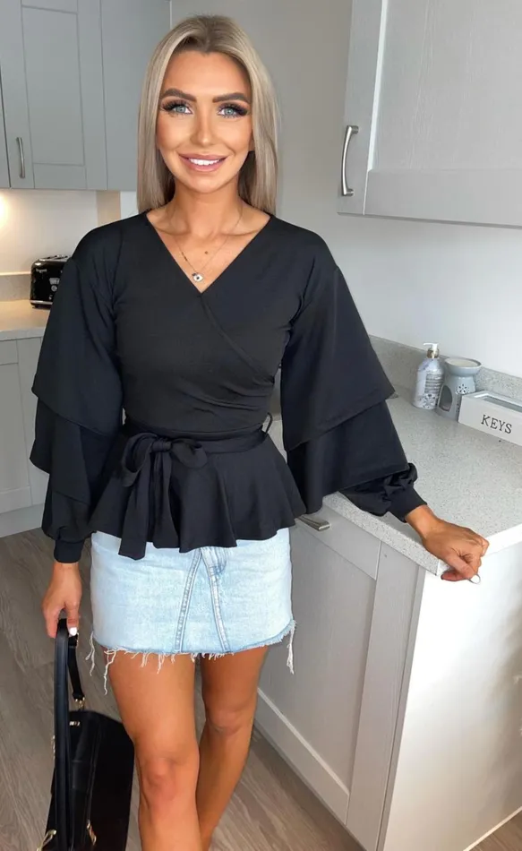 Lia Black Ruffle Sleeve Peplum Top Women Missfiga Tops