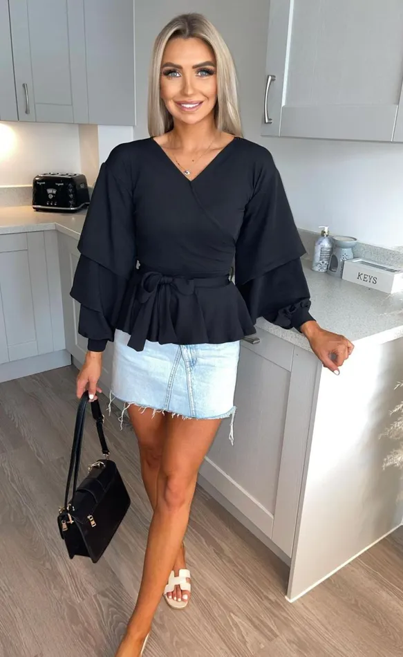 Lia Black Ruffle Sleeve Peplum Top Women Missfiga Tops