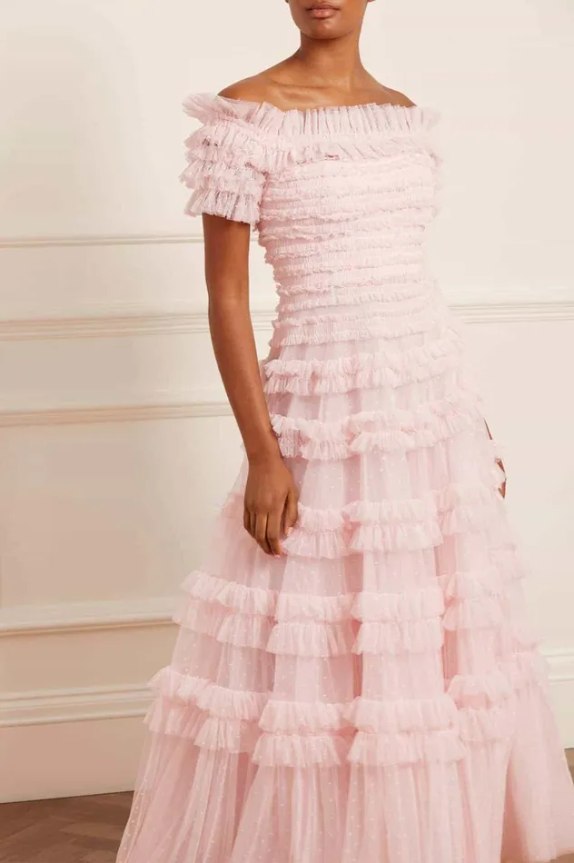 Lisette Ruffle Off Shoulder Gown Pink Women Needle and Thread Dresses