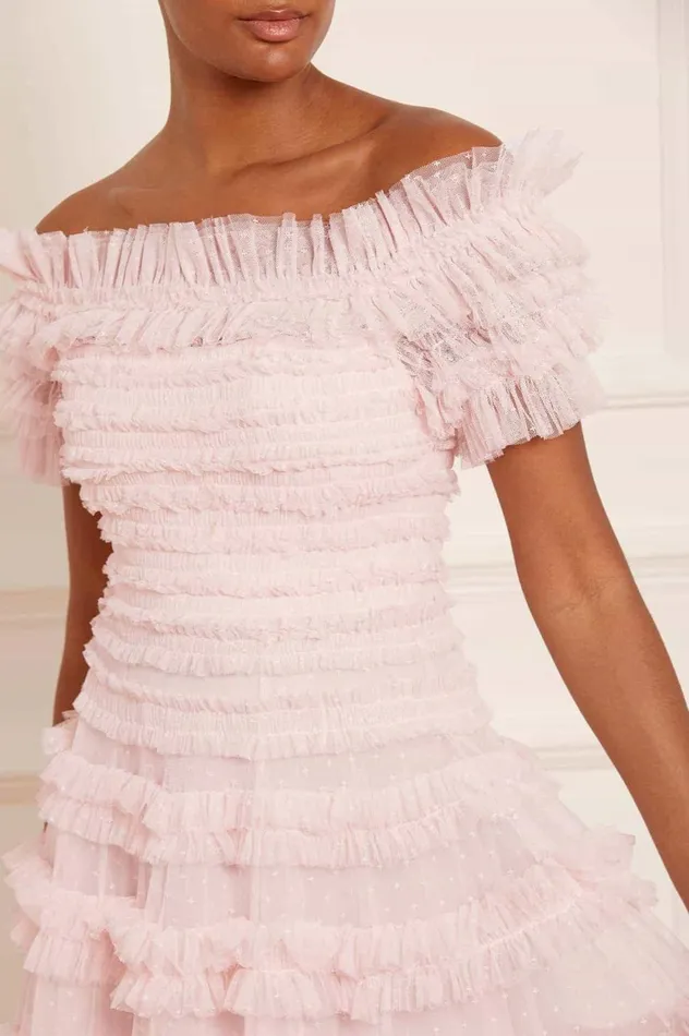 Lisette Ruffle Off Shoulder Gown Pink Women Needle and Thread Dresses